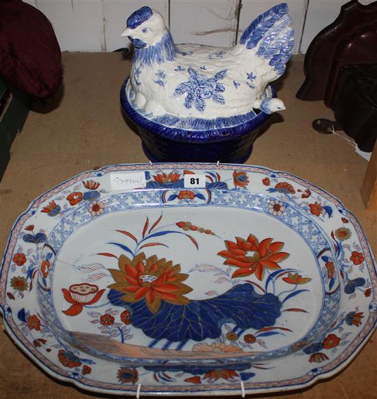 Iron stone meat platter & blue/white hen tureen